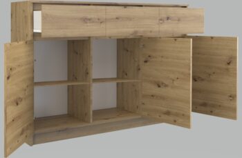 Moderná komoda 3D3S má troje dvierka a tri zásuvky, ktoré Vám poskytnu dostatok úložného priestoru a hodí sa do každého interiéru. Za dvierkami sa ešte nachádzajú praktické police. Komoda má bezúchytové otváranie, takže Vám nebudú do priestoru zasahovať žiadne úchyty a zároveň to zdôrazňuje jej moderný dizajn. Vyrobená je z kvalitnej laminovej dosky, ktorá je nenáročná na údržbu a hrany sú chránené ABS páskou.Rozmery (ŠxVxH) : 120 x 97 x 40 cmFarebné prevedenie : dub artisanDodávame v demonte.