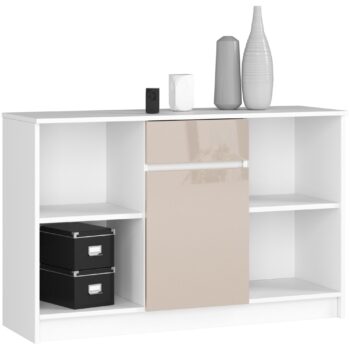 Komoda B52-120: Elegantná kombinácia bielej a capuccino lesku Typ tovaru: Komoda, skrinka Moderná komoda B52-120< /strong> v kombinácii bielej a capuccino lesklej farby prinesie do vašej obývacej izby alebo spálne šmrnc a eleganciu.  Materiál:  LTD - garantovaná kvalita a dlhá životnosť Rozmer: 77 x 120 x 40 cm - ideálne rozmery pre väčšinu priestorov Farba: biela + capuccino lesk - unikátna kombinácia, ktorá dodá miestnosti luxusný vzhľad Dekor: lesk - pre dokonalý a moderný vzhľad nábytku Vybavenie : 1 zásuvka - pohodlný úložný priestor pre vaše drobnosti Štýl: moderné, dizajnové - dokonalá harmónia elegancie a funkčnosti Počet dverí: 1 dverové - ľahký a rýchly prístup k uloženým veciam Počet políc: 6 - šesť priestranných políc pre všetky vaše potreby < /ul> Nechajte sa očariť dokonalým spojením dizajnu a praktickosti s komodou B52-120. Jej výrazný vzhľad a vysoká funkcionalita ju predurčujú na to stať sa stredobodom vašej miestnosti.