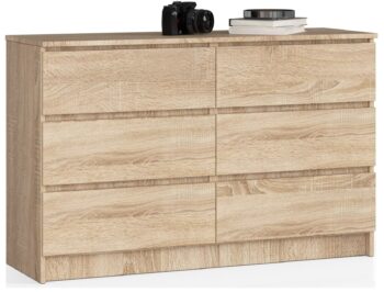 Dizajnová komoda SOPHIE120 v elegantnom dube Sonoma Chcete pridať do svojej spálne či obývacej izby kúsok moderného dizajnu s nádychom klasiky? Komoda SOPHIE120 je ideálnou voľbou pre všetkých milovníkov kvalitného nábytku s výnimočným vzhľadom. S jej jedinečným dizajnom a dokonalou funkcionalitou sa stane centrálnym bodom vašej miestnosti.  Typ tovaru: Komoda, skrinka Materiál:< /strong> Vysoko kvalitné LTD Rozmer: 77 x 120 x 40 cm, ideálny pre každý interiér Farba: Prírodné a elegantný dub Sonoma Vybavenie: 6 praktických zásuviek a ďalšie úložné priestory pre vaše veci Štýl: Moderný a dizajnový vzhľad   Okrem svojho moderného vzhľadu ponúka SOPHIE120 tiež obrovský úložný priestor. Šesť zásuviek vám poskytne dostatok miesta na uloženie všetkých vašich drobností, zatiaľ čo ďalšie úložné priestory umožnia usporiadanie väčších predmetov. Kombinácia kvalitného materiálu a dizajnového spracovania z nej robí dokonalý doplnok pre každý domov. Nečakajte a doprajte si kúsok luxusu s komodou SOPHIE120. Jej výnimočný vzhľad a praktickosť z nej robia must-have pre každý moderný interiér. Moderná komoda SOPHIE120 v teplom odtieni duba Sonoma Predstavujeme Vám SOPHIE120, komodu , ktorá je skvostným spojením moderného dizajnu a klasickej elegancie duba Sonoma. Táto nádherná skrinka je ideálnym doplnkom pre každú spálňu či obývaciu izbu, kde vynikne svojim jedinečným vzhľadom a funkcionalitou.  Typ tovaru: Komoda, skrinka Materiál: Odolné a kvalitné LTD Rozmer: 77 x 120 x 40 cm Farba: Teplý a príjemný dub Sonoma Vybavenie: 6 priestranných zásuviek a ďalšie úložné možnosti Štýl: Moderné s nádychom klasiky   SOPHIE120 nie je len obyčajná komoda. Okrem svojho designového spracovania ponúka aj obrovské množstvo úložného priestoru. Šesť zásuviek a ďalšie úložné priestory poskytujú dostatok miesta pre všetky vaše potreby. Kombinácia moderného štýlu a klasickej farby duba Sonoma z nej robí skvost, ktorý očarí na prvý pohľad. Premeňte svoj domov na útočisko elegancie a pohodlia s komodou SOPHIE120. Tento kúsok nábytku je tým pravým pre všetkých, ktorí chcú spojiť moderný design s tradičným vzhľadom duba Sonoma.