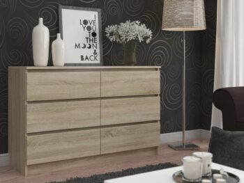 Dizajnová komoda SOPHIE120 v elegantnom dube Sonoma Chcete pridať do svojej spálne či obývacej izby kúsok moderného dizajnu s nádychom klasiky? Komoda SOPHIE120 je ideálnou voľbou pre všetkých milovníkov kvalitného nábytku s výnimočným vzhľadom. S jej jedinečným dizajnom a dokonalou funkcionalitou sa stane centrálnym bodom vašej miestnosti.  Typ tovaru: Komoda, skrinka Materiál:< /strong> Vysoko kvalitné LTD Rozmer: 77 x 120 x 40 cm, ideálny pre každý interiér Farba: Prírodné a elegantný dub Sonoma Vybavenie: 6 praktických zásuviek a ďalšie úložné priestory pre vaše veci Štýl: Moderný a dizajnový vzhľad   Okrem svojho moderného vzhľadu ponúka SOPHIE120 tiež obrovský úložný priestor. Šesť zásuviek vám poskytne dostatok miesta na uloženie všetkých vašich drobností, zatiaľ čo ďalšie úložné priestory umožnia usporiadanie väčších predmetov. Kombinácia kvalitného materiálu a dizajnového spracovania z nej robí dokonalý doplnok pre každý domov. Nečakajte a doprajte si kúsok luxusu s komodou SOPHIE120. Jej výnimočný vzhľad a praktickosť z nej robia must-have pre každý moderný interiér. Moderná komoda SOPHIE120 v teplom odtieni duba Sonoma Predstavujeme Vám SOPHIE120, komodu , ktorá je skvostným spojením moderného dizajnu a klasickej elegancie duba Sonoma. Táto nádherná skrinka je ideálnym doplnkom pre každú spálňu či obývaciu izbu, kde vynikne svojim jedinečným vzhľadom a funkcionalitou.  Typ tovaru: Komoda, skrinka Materiál: Odolné a kvalitné LTD Rozmer: 77 x 120 x 40 cm Farba: Teplý a príjemný dub Sonoma Vybavenie: 6 priestranných zásuviek a ďalšie úložné možnosti Štýl: Moderné s nádychom klasiky   SOPHIE120 nie je len obyčajná komoda. Okrem svojho designového spracovania ponúka aj obrovské množstvo úložného priestoru. Šesť zásuviek a ďalšie úložné priestory poskytujú dostatok miesta pre všetky vaše potreby. Kombinácia moderného štýlu a klasickej farby duba Sonoma z nej robí skvost, ktorý očarí na prvý pohľad. Premeňte svoj domov na útočisko elegancie a pohodlia s komodou SOPHIE120. Tento kúsok nábytku je tým pravým pre všetkých, ktorí chcú spojiť moderný design s tradičným vzhľadom duba Sonoma.