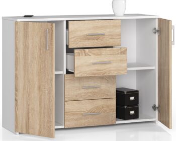 Komoda TRAVI110: Spojenie moderny a prírodnej elegancie Typ: Obohaťte svoj domov vďaka TRAVI110, kombinujúce komodu a skrinku, čo zaručuje štýlovú eleganciu a funkcionalitu v jednom. Materiál: Vyrobené z kvalitného materiálu LTD, táto komoda vám poslúži roky a stane sa nielen úložným priestorom, ale aj výrazným dizajnovým prvkom vášho bývania. Farba a dekor: Elegantná kombinácia bielej a dubu Sonoma prináša harmóniu moderného a prírodného dizajnu do vášho interiéru . Štýl a vybavenie: TRAVI110 je stelesnením moderného a dizajnového štýlu, 4 zásuvkami na uskladnenie a 2 dverovými časťami pre ďalší úložný priestor. > Rozmery a úložný priestor: Rozmery 80 x 110 x 35 cm poskytujú dostatok úložného priestoru. Vďaka 4 políciam môžete ľahko organizovať svoje veci. Najlepšie umiestnenie:  Spálňa: Ideálna na uloženie oblečenia, šperkov alebo ďalších osobných vecí.< /li> Obývacia izba: Skvelé pre knihy, magazíny, diaľkové ovládače a ďalšie denné potreby.
