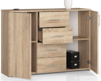 Komoda TRAVI110: Elegancia duba Sonoma v modernom prevedení Typ tovaru: Komoda, skrinka Uveďte do svojho domova štipku modernej elegancie s komodou TRAVI110. Vo farbe duba Sonoma tento nábytok prináša prírodnú krásu duba v kombinácii s moderným dizajnom, čo je ideálny doplnok pre spálne aj obývacie izby.   Materiál: LTD - zaručuje vysokú odolnosť a dlhú životnosť Rozmer: 80 x 110 x 35 cm - ideálny pre efektívne využitie priestoru < li>Farba: dub Sonoma - prírodný a časovo odolný odtieň Vybavenie: 4 zásuvky - ponúka dostatok úložného priestoru Štýl : moderné, dizajnové - perfektná kombinácia funkcie a estetiky 2 dverové - pre ľahký prístup a systematické usporiadanie Počet políc: 4 - poskytuje ďalšie úložné možnosti a organizáciu  Objavte kúzlo a funkčnosť komody TRAVI110 a oživte svoj interiér dokonalým kúskom nábytku.