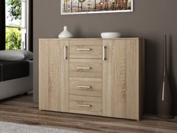 Komoda TRAVI110: Elegancia duba Sonoma v modernom prevedení Typ tovaru: Komoda, skrinka Uveďte do svojho domova štipku modernej elegancie s komodou TRAVI110. Vo farbe duba Sonoma tento nábytok prináša prírodnú krásu duba v kombinácii s moderným dizajnom, čo je ideálny doplnok pre spálne aj obývacie izby.   Materiál: LTD - zaručuje vysokú odolnosť a dlhú životnosť Rozmer: 80 x 110 x 35 cm - ideálny pre efektívne využitie priestoru < li>Farba: dub Sonoma - prírodný a časovo odolný odtieň Vybavenie: 4 zásuvky - ponúka dostatok úložného priestoru Štýl : moderné, dizajnové - perfektná kombinácia funkcie a estetiky 2 dverové - pre ľahký prístup a systematické usporiadanie Počet políc: 4 - poskytuje ďalšie úložné možnosti a organizáciu  Objavte kúzlo a funkčnosť komody TRAVI110 a oživte svoj interiér dokonalým kúskom nábytku.