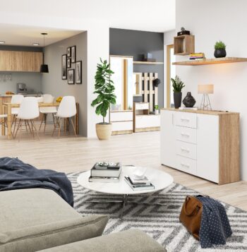 Dizajnová komoda TRAVI110: Spojenie dubu Sonoma s moderným štýlom Typ tovaru: Komoda a skrinka TRAVI110 predstavuje perfektné spojenie funkčnosti a dizajnu, ideálne pre každý moderne zariadený interiér. Materiál: Vyrobené z kvalitného a odolného materiálu LTD, čo zaručuje dlhú životnosť produktu. Farba a dekor:< /strong> Prírodný vzhľad dubu Sonoma v kombinácii s čisto bielou dodá vášmu priestoru teplý a zároveň moderný nádych. Štýl a vybavenie:< /strong> V dizajnovom modernom štýle ponúka TRAVI110 štyri praktické zásuvky a dve dverové časti na uskladnenie väčších predmetov. Rozmery: Vďaka rozmerom 80 x 110 x 35 cm a celkovým 4 políciam, poskytuje táto komoda veľa úložného priestoru bez zbytočného zaberania miesta v miestnosti. Optimálne umiestnenie:  Spálňa: Skvelé na uloženie odevov, spodnej bielizne alebo osobných doplnkov. Obývacia izba: Ideálna na uloženie kníh, časopisov alebo elektroniky.