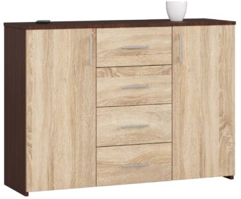 Dizajnová komoda TRAVI110: Elegantná kombinácia wenge a dubu Sonoma Typ tovaru: TRAVI110 je reprezentatívna komoda typu skrinka, ktorá oslovuje svojím moderným dizajnom a praktickosťou. < p>Materiál: Vyrobené z vysoko odolného materiálu LTD, táto komoda zaručuje dlhodobú trvanlivosť a vzhľad, ktorý vydrží roky. Farba a štýl : Jedinečná kombinácia temného wenge a svetlého dubu Sonoma dodáva nábytku exkluzívny vzhľad. Jej moderný a dizajnový štýl osloví aj tých najnáročnejších zákazníkov. Vybavenie: TRAVI110 disponuje 4 zásuvkami a 2 dverovými časťami, čo ponúka dostatok priestoru na uskladnenie vašich vecí. Celkom 4 police umožňujú jednoduché a prehľadné rozloženie obsahu. Rozmery: Vďaka kompaktným rozmerom 80 x 110 x 35 cm sa komoda vojde do väčšiny priestorov a napriek tomu ponúka veľkú úložnú kapacitu. Vhodné do:  Spálňa: Pre organizáciu oblečenia, doplnkov či osobných vecí.  Obývacia izba: Skvelé na skladovanie médií, kníh alebo dekorácií.