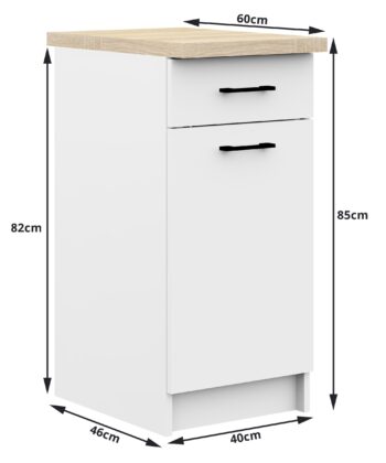 NOAH - Elegancia a funkčnosť v jednom balení Pre moderné kuchyne, ktoré si zakladajú na štýle aj praktickosti, prichádza ideálne riešenie - kuchynská skrinka NOAH. Elegantný dizajn sa stretáva s prvotriednymi materiálmi a inovatívnymi funkciami pre dokonalý harmonický celok.  Materiál: LTD - synonymum kvality a dlhej životnosti. < strong>Rozmer: 85 x 40 x 46 cm - optimalizovaný rozmer pre vašu kuchyňu. Farba: Čistá a svieža biela - ideálna pre väčšinu interiérov. > Funkcia: Tiché dovieranie - žiadne hlasné rany pri zatváraní dverí. Štýl: Moderný a dizajnový vzhľad - skrinka, ktorá bude ozdobou vašej kuchyne. Počet políc: 2 priestranné police pre všetko, čo potrebujete mať po ruke.  Nechajte sa očariť skrinkou NOAH , ktorá kombinuje nielen skvelý dizajn, ale aj praktickosť a funkčnosť. Zmeňte svoju kuchyňu k lepšiemu s NOAH!
