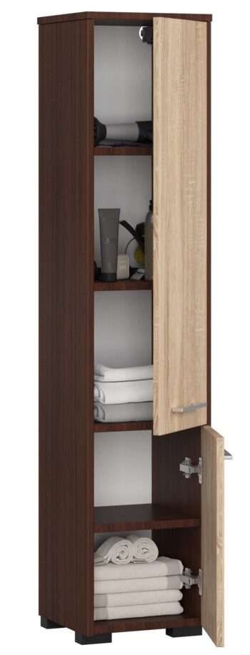 Dizajnová kúpeľňová skrinka GEORGIA2 Predstavujeme vám GEORGIA2 - kúpeľňovú skrinku, ktorá kombinuje neodolateľný odtieň wenge s elegantným dubom Sonoma. Tento jedinečný kus nábytku je navrhnutý tak, aby dodal vašej kúpeľni na luxuse a zároveň poskytol funkčný úložný priestor.  Typ tovaru: Kúpeľňová skrinka  Materiál: Vysoká kvalita a odolnosť vďaka materiálu LTD Rozmer: 140 x 30 x 30 cm - ideálne rozmery pre väčšinu kúpeľní Farba: Hlboké tóny wenge v dokonalom kontraste s prírodným dubom Sonoma Vybavenie: Plné dvierka ponúkajú dostatok súkromia na uloženie vašich kúpeľňových potrieb Štýl: Moderný a dizajnový vzhľad, ktorý sa stane stredobodom vašej kúpeľne Počet políc: 5 priestranných políc pre pohodlné a organizované skladovanie  S GEORGIA2 získate nielen úložný priestor, ale aj dizajnový doplnok, ktorý oživí každý interiér kúpeľne. Jej kombinácia farieb a materiálov vytvára harmonický a zároveň výrazný vzhľad.