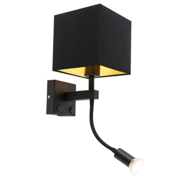 Moderná nástenná lampa čierna s USB a štvorcovým čiernym tienidlom - Zeno