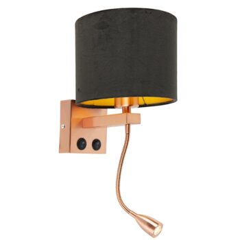 Moderná nástenná lampa medená s čiernym zamatovým tienidlom - Brescia