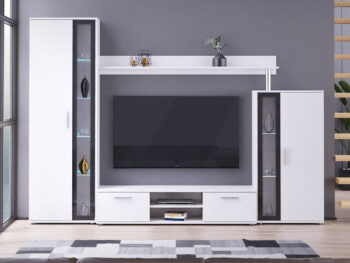 Moderná obývacia zostava BENNY v žiadanom neutrálnom farebnom prevedení: biely mat.Nábytok je vyrobený z kvalitného LTD materiálu. Úchyty sú vyrobené z plastu vo farbe kovu.Zostava ponúka množstvo úložného priestoru, ako aj presklené časti vitrín, ktoré nábytku dodávajú moderný dizajn. Tento moderný dizajn vo vitrínach je možné podčiarknuť aj LED osvetlením, ktoré sa dá doobjednať.Obývacia stena obsahuje:vysokú vitrínu š/h/v 59/34/182TV stolík š/h/v 138/40/31nízku vtrínu š/h/v 59/34/118závesnú policu š/h/v 160/22/17Rozmery celej zostavy š/v/h 256/182/40.Jednotlivé skrinky nie je možné zakúpiť samostatne - zostava sa predáva len ako celok.Dodávame v demontovanom stave.