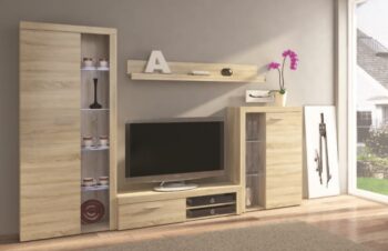 Obývacia stena BRUMA je vytvorená v jednoduchom, no zároveň v módnom dizajne.Nábytok má trendové farebné prevedenie dub sonoma.Materiál LTD doska.V obývacej zostave sa nachádzajú nasledujúce prvky:- vysoká vitrína 190 x 75 x 33,85 cm- nízka vitrína 117 x 75 x 33,85 cm- RTV skrinka 31,50 x 120 x 40,25 cm- polica 16 x 140 x 17,60 cmDo vitrín je možné dokúpiť LED osvetlenie sklených poličiek. Stena je v ponuke iba ako komplet. Dodávame v demonte.