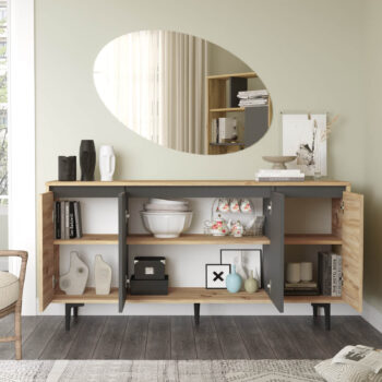 RELLY - Moderná komoda a skrinka pre spálňu a obývaciu izbuZvoľte si spoľahlivosť a eleganciu s našou komodou a skrinkou RELLY. Tento moderný kúsok nábytku je ideálny pre vašu spálňu a obývaciu izbu, prinášajú do nich štýlový a funkčný prvok. Jeho robustný vzhľad a obdĺžnikový, rovný tvar dodajú vašim priestorom moderný a súčasný nádych. Špecifikácia produktu:Typ: Komoda, skrinkaMateriál: LTD (18 mm hrúbka materiálu)Rozmer: 79 x 160 x 79 cmPočet dverí: 4 dverovéFarba: Dub Left a šedáŠtýl : Moderné, dizajnovéVzhľad: RobustnéS komodou a skrinkou RELLY získate nielen úložný priestor, ale aj kúsok nábytku, ktorý sa stane stredobodom vášho interiéru. Či už ju umiestnite do spálne alebo obývačky, jej jednoduchý a pritom štýlový dizajn prinesie do vášho domova nový estetický rozmer. Vytvorte si pohodlné a moderné prostredie s produktom RELLY.Dodávame v demonte.