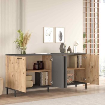 RELLY - Moderná komoda a skrinka pre spálňu a obývaciu izbuZvoľte si spoľahlivosť a eleganciu s našou komodou a skrinkou RELLY. Tento moderný a dizajnový kúsok nábytku je ideálny pre vašu spálňu alebo obývaciu izbu, prinášajú do nich štýlový a funkčný prvok. Jeho robustný vzhľad a obdĺžnikový, rovný tvar dodajú vašim priestorom moderný a súčasný nádych.Špecifikácia produktu:Typ: Komoda, skrinkaMateriál: LTD (18 mm hrúbka materiálu)Rozmer: 72 x 160 x 40 cmPočet dverí: 4 dverovéFarba: Borovica a antracitŠtýl:  Moderné, dizajnovéVzhľad: RobustnéS komodou a skrinkou RELLY získate nielen efektívne usporiadaný priestor, ale aj kúsok nábytku, ktorý sa stane stredobodom vášho interiéru. Či už ju umiestnite do spálne alebo obývačky, jej jednoduchý a pritom štýlový dizajn prinesie do vášho domova nový estetický rozmer. Vytvorte si pohodlné a moderné prostredie s produktom RELLY.Dodávané v demonte.