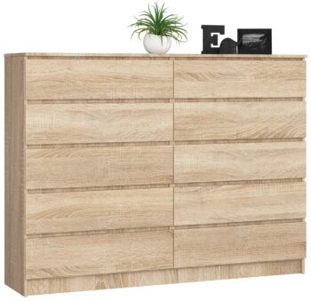 Komoda FREEZ160: Elegancia duba Sonoma v modernom dizajne Potrebujete do svojho interiéru skrinku, ktorá spája kvalitu s moderným vzhľadom? Komoda FREEZ160 je odpoveďou na vaše hľadanie. Jej dizajn vo farbe duba Sonoma dodá vášmu priestoru teplý a príjemný vzhľad.  Typ tovaru: Komoda, skrinka Materiál:< /strong> Odolné LTD Rozmer: 121 x 160 x 40 cm - ponúka veľa úložného priestoru Farba: Prirodzený dub Sonoma Vybavenie: 6 priestranných zásuviek a ďalšie skladovacie možnosti Štýl: Moderný a dizajnový  Vzhľad: Impozantná široká a vysoká konštrukcia  Či už plánujete zariadenie spálne alebo obývacej izby, FREEZ160 sa stane nielen praktickým kúskom nábytku, ale aj štýlovým doplnkom vášho domova.