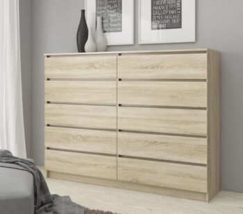 Komoda FREEZ160: Elegancia duba Sonoma v modernom dizajne Potrebujete do svojho interiéru skrinku, ktorá spája kvalitu s moderným vzhľadom? Komoda FREEZ160 je odpoveďou na vaše hľadanie. Jej dizajn vo farbe duba Sonoma dodá vášmu priestoru teplý a príjemný vzhľad.  Typ tovaru: Komoda, skrinka Materiál:< /strong> Odolné LTD Rozmer: 121 x 160 x 40 cm - ponúka veľa úložného priestoru Farba: Prirodzený dub Sonoma Vybavenie: 6 priestranných zásuviek a ďalšie skladovacie možnosti Štýl: Moderný a dizajnový  Vzhľad: Impozantná široká a vysoká konštrukcia  Či už plánujete zariadenie spálne alebo obývacej izby, FREEZ160 sa stane nielen praktickým kúskom nábytku, ale aj štýlovým doplnkom vášho domova.