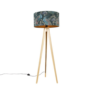 Moderná stojaca lampa drevená s látkovým tienidlom čierny páv 50 cm - Tripod Classic
