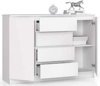 Moderná biela komoda LEA140 Je čas priniesť do vášho interiéru sviežosť a štýl s komodou LEA140. Táto vysoká komoda je ideálnym doplnkom pre každú obývaciu izbu alebo spálňu, ktorá hľadá spojenie funkčnosti a dizajnu.  Typ tovaru: Komoda, skrinka  Materiál: LTD - odolný a trvanlivý materiál Rozmer: 99 x 138 x 40 cm Farba: čisto biela - univerzálna a elegantná voľba Vybavenie: 4 zásuvky a dvierka plné - priestranné a praktické uloženie  Počet dverí, dvierok: 2 dverové Počet políc: 4 - pre organizáciu vašich vecí  Moderné a dizajnový vzhľad komody LEA140 spoľahlivo doplní váš interiér. Vďaka svojmu neutrálnemu odtieňu a elegantnému vzhľadu je táto komoda dokonalým riešením pre tých, ktorí hľadajú jednoduchosť spojenú s funkcionalitou. Prejavte svoj vkus a cit pre detail s komodou LEA140!