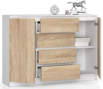 Moderná komoda LEA140 v elegantnej kombinácii bielej a dubu Sonoma Plánujete osviežiť svoju obývačku či spálňu novým kúskom nábytku? Predstavujeme vám komodu LEA140, ktorá kombinuje moderný dizajn s tradičným vzhľadom duba Sonoma. Jej rafinovaný vzhľad a praktickosť ju predurčuje stať sa centrálnym prvkom vášho interiéru.  Typ tovaru: Komoda, skrinka Materiál: LTD  - zaručuje odolnosť a dlhú životnosť Rozmer: 99 x 138 x 40 cm - optimálne rozmery pre vaše potreby Farba:  biela + dub Sonoma - kombinácia modernosti a klasiky Vybavenie: 4 zásuvky a dvierka plné - priestranné uskladnenie vašich vecí Počet dverí, dvierok: 2 dverové Počet políc: 4 - organizácia vašich potrieb nikdy nebola jednoduchšia  Komoda LEA140 nie je len kúskom nábytku, ale aj dokonalým doplnkom, ktorý podčiarkne charakter vášho bývania. Vytvorte harmóniu a funkčnosť v jednom s touto neodolateľnou komodou. Zmeňte svoj domov s komodou LEA140 a urobte z neho miesto snov!