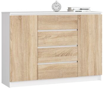 Moderná komoda LEA140 v elegantnej kombinácii bielej a dubu Sonoma Plánujete osviežiť svoju obývačku či spálňu novým kúskom nábytku? Predstavujeme vám komodu LEA140, ktorá kombinuje moderný dizajn s tradičným vzhľadom duba Sonoma. Jej rafinovaný vzhľad a praktickosť ju predurčuje stať sa centrálnym prvkom vášho interiéru.  Typ tovaru: Komoda, skrinka Materiál: LTD  - zaručuje odolnosť a dlhú životnosť Rozmer: 99 x 138 x 40 cm - optimálne rozmery pre vaše potreby Farba:  biela + dub Sonoma - kombinácia modernosti a klasiky Vybavenie: 4 zásuvky a dvierka plné - priestranné uskladnenie vašich vecí Počet dverí, dvierok: 2 dverové Počet políc: 4 - organizácia vašich potrieb nikdy nebola jednoduchšia  Komoda LEA140 nie je len kúskom nábytku, ale aj dokonalým doplnkom, ktorý podčiarkne charakter vášho bývania. Vytvorte harmóniu a funkčnosť v jednom s touto neodolateľnou komodou. Zmeňte svoj domov s komodou LEA140 a urobte z neho miesto snov!