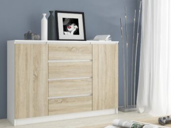 Moderná komoda LEA140 v elegantnej kombinácii bielej a dubu Sonoma Plánujete osviežiť svoju obývačku či spálňu novým kúskom nábytku? Predstavujeme vám komodu LEA140, ktorá kombinuje moderný dizajn s tradičným vzhľadom duba Sonoma. Jej rafinovaný vzhľad a praktickosť ju predurčuje stať sa centrálnym prvkom vášho interiéru.  Typ tovaru: Komoda, skrinka Materiál: LTD  - zaručuje odolnosť a dlhú životnosť Rozmer: 99 x 138 x 40 cm - optimálne rozmery pre vaše potreby Farba:  biela + dub Sonoma - kombinácia modernosti a klasiky Vybavenie: 4 zásuvky a dvierka plné - priestranné uskladnenie vašich vecí Počet dverí, dvierok: 2 dverové Počet políc: 4 - organizácia vašich potrieb nikdy nebola jednoduchšia  Komoda LEA140 nie je len kúskom nábytku, ale aj dokonalým doplnkom, ktorý podčiarkne charakter vášho bývania. Vytvorte harmóniu a funkčnosť v jednom s touto neodolateľnou komodou. Zmeňte svoj domov s komodou LEA140 a urobte z neho miesto snov!