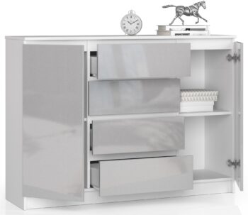 Moderná komoda LEA140 s metalickým leskom Potrebujete do svojho interiéru komodu, ktorá kombinuje štýl a funkčnosť? Predstavujeme vám LEA140 - komodu, ktorá sa stane perličkou vašej obývačky či spálne.  Typ tovaru: Komoda, skrinka Materiál: MDF - záruka kvality a dlhej životnosti Rozmer: 99 x 138 x 40 cm Farba a dekor: biela s metalickým leskom - jedinečná kombinácia pre luxusný vzhľad Vybavenie: 4 zásuvky a dvierka plné - ideálna pre uloženie všetkých vašich potrieb Počet dverí, dvierok: 2 dverové Počet políc: 4 - perfektne organizuje vaše veci li>  Moderný dizajn, spojenie bielej a metalického lesku, robí z komody LEA140 nielen praktický kus nábytku, ale aj štýlový doplnok do vášho domova. Vďaka svojej výške a priestrannému vnútornému vybaveniu je ideálnym miestom na uloženie rôznych predmetov. Objavte kúzlo kombinácie modernosti a elegancie s komodou LEA140!