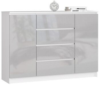 Moderná komoda LEA140 s metalickým leskom Potrebujete do svojho interiéru komodu, ktorá kombinuje štýl a funkčnosť? Predstavujeme vám LEA140 - komodu, ktorá sa stane perličkou vašej obývačky či spálne.  Typ tovaru: Komoda, skrinka Materiál: MDF - záruka kvality a dlhej životnosti Rozmer: 99 x 138 x 40 cm Farba a dekor: biela s metalickým leskom - jedinečná kombinácia pre luxusný vzhľad Vybavenie: 4 zásuvky a dvierka plné - ideálna pre uloženie všetkých vašich potrieb Počet dverí, dvierok: 2 dverové Počet políc: 4 - perfektne organizuje vaše veci li>  Moderný dizajn, spojenie bielej a metalického lesku, robí z komody LEA140 nielen praktický kus nábytku, ale aj štýlový doplnok do vášho domova. Vďaka svojej výške a priestrannému vnútornému vybaveniu je ideálnym miestom na uloženie rôznych predmetov. Objavte kúzlo kombinácie modernosti a elegancie s komodou LEA140!