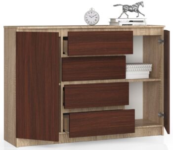 Moderná komoda LEA140 v kombinácii dub Sonoma a wenge Hľadáte nábytok, ktorý sa stane hlavným hrdinom vášho interiéru? Predstavujeme vám komodu LEA140. Jej kombinácia odtieňov dub Sonoma a temného wenge vytvára skvostný kontrast, ktorý obohatí ako obývaciu izbu, tak spálňu.  Typ tovaru: Komoda, skrinka Materiál: LTD - synonymum pre dlhú životnosť a pevnosť Rozmer: 99 x 138 x 40 cm - priestranná a pritom kompaktná < li>Farba: dub Sonoma s detailmi v odtieni wenge - kombinácia pre náročných Vybavenie: 4 zásuvky a dvierka plné - všetko má svoje miesto Počet dverí, dvierok: 2 dverové Počet políc: 4 - dostatok priestoru pre vaše veci   Dizajnová komoda LEA140 je presne tým kúskom nábytku, ktorý potrebujete. Jej vysoký vzhľad a moderný design dodajú vášmu interiéru nový nádych. Vytvorte si elegantné a funkčné prostredie s komodou, ktorá kombinuje to najlepšie z dizajnu a praktickosti. Nechajte sa inšpirovať a vytvorte si interiér podľa svojich predstáv s komodou LEA140.