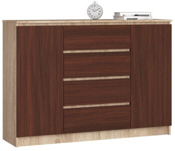 Moderná komoda LEA140 v kombinácii dub Sonoma a wenge Hľadáte nábytok, ktorý sa stane hlavným hrdinom vášho interiéru? Predstavujeme vám komodu LEA140. Jej kombinácia odtieňov dub Sonoma a temného wenge vytvára skvostný kontrast, ktorý obohatí ako obývaciu izbu, tak spálňu.  Typ tovaru: Komoda, skrinka Materiál: LTD - synonymum pre dlhú životnosť a pevnosť Rozmer: 99 x 138 x 40 cm - priestranná a pritom kompaktná < li>Farba: dub Sonoma s detailmi v odtieni wenge - kombinácia pre náročných Vybavenie: 4 zásuvky a dvierka plné - všetko má svoje miesto Počet dverí, dvierok: 2 dverové Počet políc: 4 - dostatok priestoru pre vaše veci   Dizajnová komoda LEA140 je presne tým kúskom nábytku, ktorý potrebujete. Jej vysoký vzhľad a moderný design dodajú vášmu interiéru nový nádych. Vytvorte si elegantné a funkčné prostredie s komodou, ktorá kombinuje to najlepšie z dizajnu a praktickosti. Nechajte sa inšpirovať a vytvorte si interiér podľa svojich predstáv s komodou LEA140.