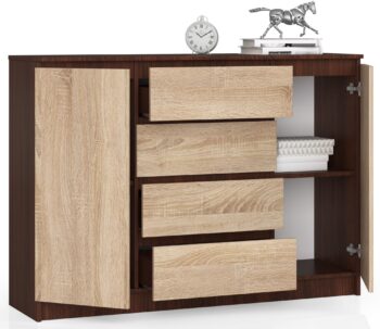 Moderná komoda LEA140 v kombinácii wenge a duba Sonoma Chcete pridať do vášho interiéru nádych elegancie? Komoda LEA140 v atraktívnej kombinácii farieb wenge a dubu Sonoma je dokonalou voľbou pre vašu spálňu alebo obývaciu izbu.  Typ tovaru: Komoda, skrinka  Materiál: LTD - odolný a dlhoveký materiál Rozmer: 99 x 138 x 40 cm - ideálny rozmer pre každý interiér  Farba: wenge + dub Sonoma - moderná a univerzálna kombinácia Vybavenie: 3 zásuvky a dvierka plné< /strong> - dostatok úložného priestoru Počet dverí, dvierok: 2 dverové Počet políc: 4 - usporiadanie podľa vašich potrieb  Dizajnová komoda LEA140 vysokého vzhľadu ponúka nielen štýlový vzhľad, ale aj praktickosť. Vďaka kvalitnému materiálu a precíznemu spracovaniu sa stane trvalou súčasťou vášho domova. Moderná kombinácia farieb wenge a dubu Sonoma dodá vášmu bývaniu svieži a súčasný vzhľad. Nenechajte si ujsť príležitosť obohatiť svoj interiér o tento dizajnový kúsok, ktorý kombinuje krásu s funkciou.
