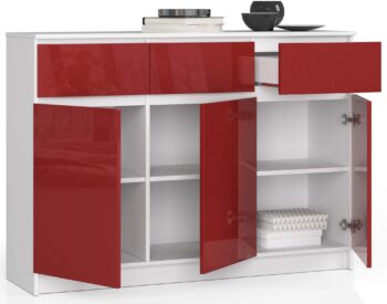 Dizajnová komoda LIANA140 v odtieni biela + červený lesk Chcete priviesť do svojho bytu nádych modernej elegancie? LIANA140 je komoda, ktorá kombinuje biely základ s očarujúcim červeným leskom, čím vytvára skutočný dizajnový skvost pre váš domov.  Typ tovaru: Komoda, skrinka Materiál: LTD - synonymum pre kvalitu a odolnosť Rozmer: 99 x 138 x 40 cm - ideálny rozmer pre väčšinu interiérov Farba: biela + červený lesk - kombinácia sviežosti a luxusu Vybavenie: 3 zásuvky a  dvierka plné - perfektný úložný priestor pre vaše veci Počet dverí, dvierok: 3 dverové Počet políc: 6 - viac miesta na uskladnenie Dekor: lesk - dodáva komode jedinečný a luxusný vzhľad  Moderná dizajnová komoda LIANA140< /strong> vysokého vzhľadu je dokonalou kombináciou štýlu a praktickosti. Červený lesklý dekor pridáva komode jedinečný charakter a určite sa stane hlavnou dominantou vašej spálne či obývacej izby. Nenechajte si ujsť možnosť zaobstarať si tento skvost, ktorý spája krásu s funkcionalitou.