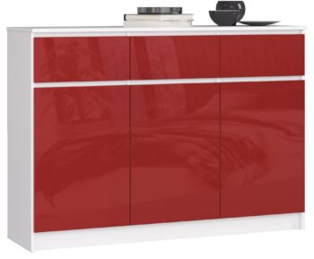Dizajnová komoda LIANA140 v odtieni biela + červený lesk Chcete priviesť do svojho bytu nádych modernej elegancie? LIANA140 je komoda, ktorá kombinuje biely základ s očarujúcim červeným leskom, čím vytvára skutočný dizajnový skvost pre váš domov.  Typ tovaru: Komoda, skrinka Materiál: LTD - synonymum pre kvalitu a odolnosť Rozmer: 99 x 138 x 40 cm - ideálny rozmer pre väčšinu interiérov Farba: biela + červený lesk - kombinácia sviežosti a luxusu Vybavenie: 3 zásuvky a  dvierka plné - perfektný úložný priestor pre vaše veci Počet dverí, dvierok: 3 dverové Počet políc: 6 - viac miesta na uskladnenie Dekor: lesk - dodáva komode jedinečný a luxusný vzhľad  Moderná dizajnová komoda LIANA140< /strong> vysokého vzhľadu je dokonalou kombináciou štýlu a praktickosti. Červený lesklý dekor pridáva komode jedinečný charakter a určite sa stane hlavnou dominantou vašej spálne či obývacej izby. Nenechajte si ujsť možnosť zaobstarať si tento skvost, ktorý spája krásu s funkcionalitou.