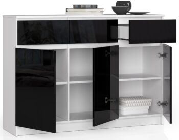 Moderná komoda LIANA140 v kombinácii bielej a čierneho lesku Predstavujeme vám komodu LIANA140 - symbol modernej elegancie pre váš interiér. Táto vysoká komoda kombinuje sviežu bielu s hlbokým čiernym leskom, vytvárajúc tak neodolateľný dizajnový kúsok, ktorý oslní v každej izbe.  Typ tovaru: Komoda, skrinka Materiál: LTD - záruka kvality a dlhej životnosti Rozmer: 99 x 138 x 40 cm - ideálny pre stredné aj väčšie miestnosti Farba: biela + čierny lesk - univerzálna kombinácia, ktorá sa hodí ku všetkému Vybavenie: 3 zásuvky a dvierka plná - priestranné uskladnenie všetkých vašich potrieb Počet dverí, dvierok: 3 dverové Počet políc: 6 - viac úložného priestoru pre maximálnu organizáciu Dekor: lesk - luxusný vzhľad a lesklý povrch pre výraznejší vzhľad  Nechajte sa očariť kombináciou jednoduchosti a elegancia, ktorú ponúka komoda LIANA140. Táto kvalitná komoda bude nádherným doplnkom vašej spálne či obývačky a zaistí, že všetko bude mať svoje miesto. Doprajte svojmu domovu ten správny dizajnový dotyk.