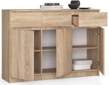Dizajnová komoda LIANA140 v elegantnom dube Sonoma Pre všetkých milovníkov moderného dizajnu prichádza komoda LIANA140. Tento kúsok nábytku vám ponúkne nielen praktický úložný priestor, ale aj estetický zážitok, ktorý oživí vašu spálňu či obývaciu izbu.  Typ tovaru: Komoda, skrinka Materiál: LTD - garant dlhej životnosti a odolnosti Rozmer: 99 x 138 x 40 cm - ideálna veľkosť pre každý interiér Farba: dub Sonoma - teplý a prirodzený odtieň, ktorý pridá izbe na útulnosti Vybavenie: 3 zásuvky a dvierka plné  - všetko, čo potrebujete pre účinnú organizáciu vašich vecí Počet dverí, dvierok: 3 dverové Počet políc: 6< /strong> - viac priestoru pre vaše veci v elegantnom balení  Moderný dizajn komody LIANA140 s vysokým vzhľadom a estetikou duba Sonoma je skvelým doplnkom pre každý interiér. Navrhnutá s dôrazom na detail, táto komoda bude nádherným centrálnym prvkom vašej obývačky či spálne.