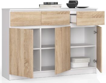 Moderná komoda LIANA140 v kombinácii bielej a dubu Sonoma Potrebujete štýlový a praktický nábytok do svojho moderného interiéru? Predstavujeme vám LIANA140 - komodu, ktorá dokonale kombinuje funkčnosť s dizajnovým prevedením.  Typ tovaru: Komoda, skrinka Materiál: LTD - kvalita, ktorú oceníte v každodennom používaní Rozmer: 99 x 138 x 40 cm - ideálne rozmery pre optimálne využitie priestoru Farba: biela s odtieňom duba Sonoma - elegantná kombinácia, ktorá prinesie teplý a príjemný pocit do vášho priestoru Vybavenie: 3 zásuvky a dvierka plné - všetky vaše veci budú mať svoje miesto Počet dverí, dvierok: 3 dverové Počet políc: < strong>6 - dostatok miesta na organizáciu vašich potrieb  Nezáleží na tom, či plánujete umiestniť komodu LIANA140 do spálne alebo obývacej izby. Jej moderný dizajn a vysoký vzhľad doplnený kombináciou bielej farby a dubu Sonoma prinesú do vášho domova svieži a aktuálny vzhľad.