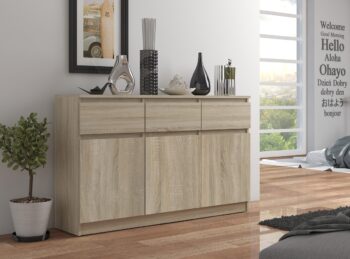 Dizajnová komoda LIANA140 v elegantnom dube Sonoma Pre všetkých milovníkov moderného dizajnu prichádza komoda LIANA140. Tento kúsok nábytku vám ponúkne nielen praktický úložný priestor, ale aj estetický zážitok, ktorý oživí vašu spálňu či obývaciu izbu.  Typ tovaru: Komoda, skrinka Materiál: LTD - garant dlhej životnosti a odolnosti Rozmer: 99 x 138 x 40 cm - ideálna veľkosť pre každý interiér Farba: dub Sonoma - teplý a prirodzený odtieň, ktorý pridá izbe na útulnosti Vybavenie: 3 zásuvky a dvierka plné  - všetko, čo potrebujete pre účinnú organizáciu vašich vecí Počet dverí, dvierok: 3 dverové Počet políc: 6< /strong> - viac priestoru pre vaše veci v elegantnom balení  Moderný dizajn komody LIANA140 s vysokým vzhľadom a estetikou duba Sonoma je skvelým doplnkom pre každý interiér. Navrhnutá s dôrazom na detail, táto komoda bude nádherným centrálnym prvkom vašej obývačky či spálne.