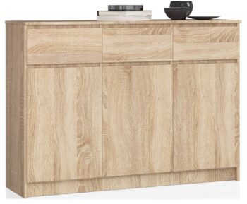 Dizajnová komoda LIANA140 v elegantnom dube Sonoma Pre všetkých milovníkov moderného dizajnu prichádza komoda LIANA140. Tento kúsok nábytku vám ponúkne nielen praktický úložný priestor, ale aj estetický zážitok, ktorý oživí vašu spálňu či obývaciu izbu.  Typ tovaru: Komoda, skrinka Materiál: LTD - garant dlhej životnosti a odolnosti Rozmer: 99 x 138 x 40 cm - ideálna veľkosť pre každý interiér Farba: dub Sonoma - teplý a prirodzený odtieň, ktorý pridá izbe na útulnosti Vybavenie: 3 zásuvky a dvierka plné  - všetko, čo potrebujete pre účinnú organizáciu vašich vecí Počet dverí, dvierok: 3 dverové Počet políc: 6< /strong> - viac priestoru pre vaše veci v elegantnom balení  Moderný dizajn komody LIANA140 s vysokým vzhľadom a estetikou duba Sonoma je skvelým doplnkom pre každý interiér. Navrhnutá s dôrazom na detail, táto komoda bude nádherným centrálnym prvkom vašej obývačky či spálne.