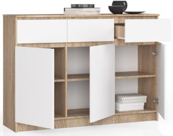 LIANA140: Elegancia duba Sonoma kombinovaná s čistou bielou Predstavujeme vám LIANA140 - modernú komodu, ktorá prinesie do vášho interiéru nielen praktickosť, ale aj nádych dizajnu. Jej kombinácia farieb dub Sonoma a biela dodá vašej spálni či obývacej izbe sofistikovaný vzhľad.  Typ tovaru: Komoda, skrinka Materiál: LTD - záruka odolnosti a dlhej životnosti Rozmer: 99 x 138 x 40 cm - ideálna veľkosť pre väčšinu interiérov Farba: < strong>dub Sonoma + biela - moderná kombinácia pre každý domov Vybavenie: 3 zásuvky a dvierka plné - veľa miesta pre vaše veci  Počet dverí, dvierok: 3 dverové Počet políc: 6 - optimalizovaný priestor pre organizáciu  Ak hľadáte komodu, ktorá kombinuje funkčnosť s moderným dizajnom, potom je LIANA140 tou správnou voľbou pre vás. Jej vysoký vzhľad a kombinácia dubu Sonoma s bielou farbou bude vyzerať skvele v každom modernom dome.