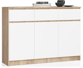 LIANA140: Elegancia duba Sonoma kombinovaná s čistou bielou Predstavujeme vám LIANA140 - modernú komodu, ktorá prinesie do vášho interiéru nielen praktickosť, ale aj nádych dizajnu. Jej kombinácia farieb dub Sonoma a biela dodá vašej spálni či obývacej izbe sofistikovaný vzhľad.  Typ tovaru: Komoda, skrinka Materiál: LTD - záruka odolnosti a dlhej životnosti Rozmer: 99 x 138 x 40 cm - ideálna veľkosť pre väčšinu interiérov Farba: < strong>dub Sonoma + biela - moderná kombinácia pre každý domov Vybavenie: 3 zásuvky a dvierka plné - veľa miesta pre vaše veci  Počet dverí, dvierok: 3 dverové Počet políc: 6 - optimalizovaný priestor pre organizáciu  Ak hľadáte komodu, ktorá kombinuje funkčnosť s moderným dizajnom, potom je LIANA140 tou správnou voľbou pre vás. Jej vysoký vzhľad a kombinácia dubu Sonoma s bielou farbou bude vyzerať skvele v každom modernom dome.