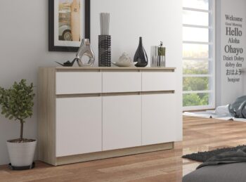 LIANA140: Elegancia duba Sonoma kombinovaná s čistou bielou Predstavujeme vám LIANA140 - modernú komodu, ktorá prinesie do vášho interiéru nielen praktickosť, ale aj nádych dizajnu. Jej kombinácia farieb dub Sonoma a biela dodá vašej spálni či obývacej izbe sofistikovaný vzhľad.  Typ tovaru: Komoda, skrinka Materiál: LTD - záruka odolnosti a dlhej životnosti Rozmer: 99 x 138 x 40 cm - ideálna veľkosť pre väčšinu interiérov Farba: < strong>dub Sonoma + biela - moderná kombinácia pre každý domov Vybavenie: 3 zásuvky a dvierka plné - veľa miesta pre vaše veci  Počet dverí, dvierok: 3 dverové Počet políc: 6 - optimalizovaný priestor pre organizáciu  Ak hľadáte komodu, ktorá kombinuje funkčnosť s moderným dizajnom, potom je LIANA140 tou správnou voľbou pre vás. Jej vysoký vzhľad a kombinácia dubu Sonoma s bielou farbou bude vyzerať skvele v každom modernom dome.
