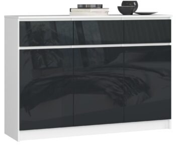 Moderná komoda LIANA140 v elegantnej kombinácii bielej a grafit lesku Potrebujete unikátny kúsok nábytku, ktorý prepojí funkčnosť s dizajnom? Predstavujeme LIANA140, komodu, ktorá vám ponúka nielen úložný priestor, ale aj estetický zážitok. Tento skvost v kombinácii bielej a grafit lesku je ideálnym doplnkom pre vašu spálňu či obývaciu izbu.  Typ tovaru: Komoda, skrinka Materiál: LTD - garancia kvality a odolnosti Rozmer: 99 x 138 x 40 cm - skvelé rozmery pre optimálne uskladnenie Farba: biela + grafit lesk - sofistikovaná kombinácia pre moderné interiéry Vybavenie: 3 zásuvky a dvierka plné - dostatok priestoru pre vaše veci Počet dverí, dvierok: 3 dverové Počet políc: 6 - vytvorte si svoj vlastný systém usporiadania > Dekor: lesk - dodáva produktu luxusný vzhľad  LIANA140 je tým pravým kúskom nábytku pre všetkých, ktorí hľadajú kombináciu dizajnu a funkčnosti. Táto vysoká komoda s lesklým dekorom oživí každý interiér a stane sa nepostrádateľnou súčasťou vášho domova.