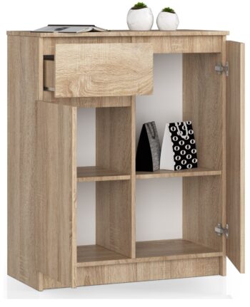 Komoda NIKOL80: Moderná elegancia v prírodnom štýle dub Sonoma Typ tovaru: Komoda, skrinka NIKOL80 vo farbe dub Sonoma prináša do vášho domova dokonalú kombináciu moderného designu s teplým a prírodným vzhľadom duba. Táto komoda bude ideálnym doplnkom ako pre vašu spálňu, tak aj pre obývaciu izbu.  Materiál: LTD - zaručuje odolnosť a dlhodobú výdrž Rozmer: 99 x 80 x 40 cm - dokonalé rozmery pre optimálne využitie priestoru Farba: Dub Sonoma - teplý a elegantný odtieň pridávajúci pohodu do každého interiéru Vybavenie: 1 praktická zásuvka a dvierka s plným dizajnom pre jednoduchú organizáciu vašich vecí Štýl: Moderné a dizajnové prevedenie, ktoré splní očakávania aj tých najnáročnejších zákazníkov Vzhľad: Vysoká konštrukcia s dvoma dverami a štyrmi úložnými policami  NIKOL80 vo farbe dub Sonoma je dokonalým spojením funkčnosti a dizajnu. Pridajte do svojho interiéru kúsok prírodnej krásy a užívajte si komfortné a štýlové úložné riešenie.