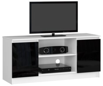 TV stolík ROMANA120 Typ tovaru: TV stolík ideálny do obývačky. Materiál:< /strong> LTD s moderným a dizajnovým štýlom. Dekor: lesk Rozmer: 55 x 120 x 40 cm.  Farba: kombinácia bielej s čiernym leskom, čo pridáva výnimočný dotyk. Vybavenie: dvierka plné, skrinka - ideálna pre ukladanie TV príslušenstvo.  Počet políc: 2 - pre ďalší úložný priestor.