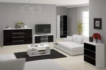 TV stolík ROMANA120 Typ tovaru: TV stolík ideálny do obývačky. Materiál:< /strong> LTD s moderným a dizajnovým štýlom. Dekor: lesk Rozmer: 55 x 120 x 40 cm.  Farba: kombinácia bielej s čiernym leskom, čo pridáva výnimočný dotyk. Vybavenie: dvierka plné, skrinka - ideálna pre ukladanie TV príslušenstvo.  Počet políc: 2 - pre ďalší úložný priestor.