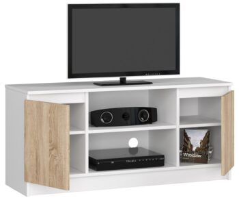 TV stolík ROMANA120: Svieža biela spojená s prírodným odtieňom duba Sonoma  Predstavujeme ROMANA120, elegantný TV stolík, ktorého dizajn perfektne kombinuje sviežu bielu s teplým odtieňom duba Sonoma. Táto kombinácia dodáva každému interiéru modernú a zároveň príjemne prírodnú atmosféru.   Typ tovaru: TV stolík Vhodné do miestnosti: obývacia izba < strong>Materiál: LTD Rozmer: 55 x 120 x 40 cm Farba: biela + dub Sonoma Vybavenie: dvierka plné (skrinka) Štýl: moderné, dizajnové Počet políc: 2   Okrem svojho výrazného a moderného dizajnu ponúka ROMANA120 tiež praktické skladovacie priestory vďaka dvom policam a uzatvárateľnej skrinke. Perfektná kombinácia štýlu a funkčnosti pre vašu obývaciu izbu.