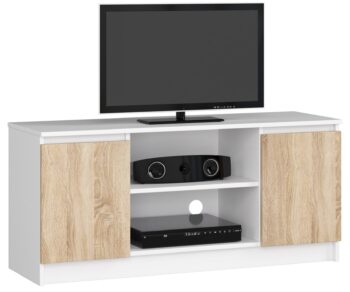 TV stolík ROMANA120: Svieža biela spojená s prírodným odtieňom duba Sonoma  Predstavujeme ROMANA120, elegantný TV stolík, ktorého dizajn perfektne kombinuje sviežu bielu s teplým odtieňom duba Sonoma. Táto kombinácia dodáva každému interiéru modernú a zároveň príjemne prírodnú atmosféru.   Typ tovaru: TV stolík Vhodné do miestnosti: obývacia izba < strong>Materiál: LTD Rozmer: 55 x 120 x 40 cm Farba: biela + dub Sonoma Vybavenie: dvierka plné (skrinka) Štýl: moderné, dizajnové Počet políc: 2   Okrem svojho výrazného a moderného dizajnu ponúka ROMANA120 tiež praktické skladovacie priestory vďaka dvom policam a uzatvárateľnej skrinke. Perfektná kombinácia štýlu a funkčnosti pre vašu obývaciu izbu.