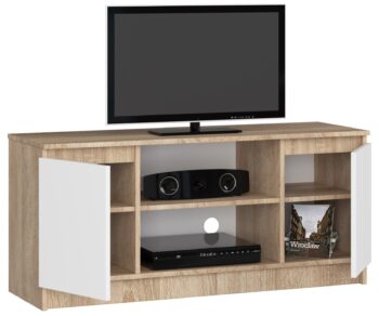 TV stolík ROMANA120: Dokonalá kombinácia duba Sonoma a čistej bielej Zoznámte sa s ROMANA120 - TV stolík, ktorý kombinuje elegancia duba Sonoma s čistotou bielej farby. Tento dizajnový kúsok je ideálny doplnok pre modernú obývaciu izbu hľadajúcu kombináciu štýlu a funkčnosti.  Typ tovaru: TV stolík Materiál:  LTD Rozmery: 55 x 120 x 40 cm Farba: dub Sonoma + biela Vybavenie: dvierka plné (skrinka) Štýl: moderné, dizajnové Počet políc:  2  Oživte svoju obývačku s TV stolíkom ROMANA120 a užite si harmóniu jeho farieb a dizajnu v každodennom použití!