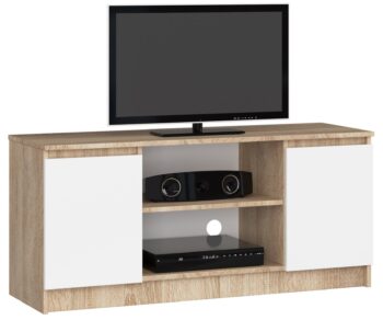 TV stolík ROMANA120: Dokonalá kombinácia duba Sonoma a čistej bielej Zoznámte sa s ROMANA120 - TV stolík, ktorý kombinuje elegancia duba Sonoma s čistotou bielej farby. Tento dizajnový kúsok je ideálny doplnok pre modernú obývaciu izbu hľadajúcu kombináciu štýlu a funkčnosti.  Typ tovaru: TV stolík Materiál:  LTD Rozmery: 55 x 120 x 40 cm Farba: dub Sonoma + biela Vybavenie: dvierka plné (skrinka) Štýl: moderné, dizajnové Počet políc:  2  Oživte svoju obývačku s TV stolíkom ROMANA120 a užite si harmóniu jeho farieb a dizajnu v každodennom použití!