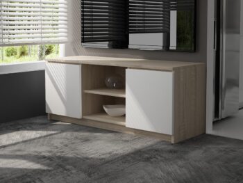 TV stolík ROMANA120: Dokonalá kombinácia duba Sonoma a čistej bielej Zoznámte sa s ROMANA120 - TV stolík, ktorý kombinuje elegancia duba Sonoma s čistotou bielej farby. Tento dizajnový kúsok je ideálny doplnok pre modernú obývaciu izbu hľadajúcu kombináciu štýlu a funkčnosti.  Typ tovaru: TV stolík Materiál:  LTD Rozmery: 55 x 120 x 40 cm Farba: dub Sonoma + biela Vybavenie: dvierka plné (skrinka) Štýl: moderné, dizajnové Počet políc:  2  Oživte svoju obývačku s TV stolíkom ROMANA120 a užite si harmóniu jeho farieb a dizajnu v každodennom použití!