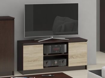 TV stolík ROMANA120: Dizajnová harmónia medzi wenge a dubom Sonoma  Predstavujeme vám ROMANA120, TV stolík, ktorý je dokonalou kombináciou moderného dizajnu a kvalitného prevedenia. Jeho jedinečný vzhľad kombinuje hĺbku farby wenge s teplým tónom duba Sonoma, čím vytvára vizuálne pôsobivý kúsok nábytku pre vašu obývačku.   Typ tovaru: TV stolík Vhodné do miestnosti: obývacia izba < strong>Materiál: LTD Rozmer: 55 x 120 x 40 cm Farba: wenge + dub Sonoma Vybavenie: dvierka plné (skrinka) Štýl: moderné, dizajnové Počet políc: 2   Okrem svojho pôsobivého vzhľadu ROMANA120 ponúka aj praktickosť vďaka dvom políciam a skrinke s plnými dvierkami. Či už hľadáte štýlový nábytok alebo funkčný úložný priestor pre vaše mediálne zariadenia, tento TV stolík je tou pravou voľbou.