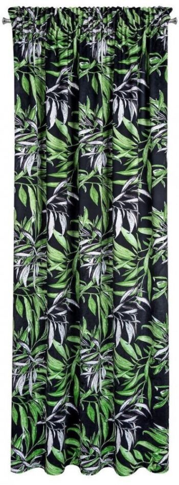 Moderný čierny zamatový záves na riasiacu pásku so zelenými vetvičkami PIERRE CARDIN 140 x 270 cm